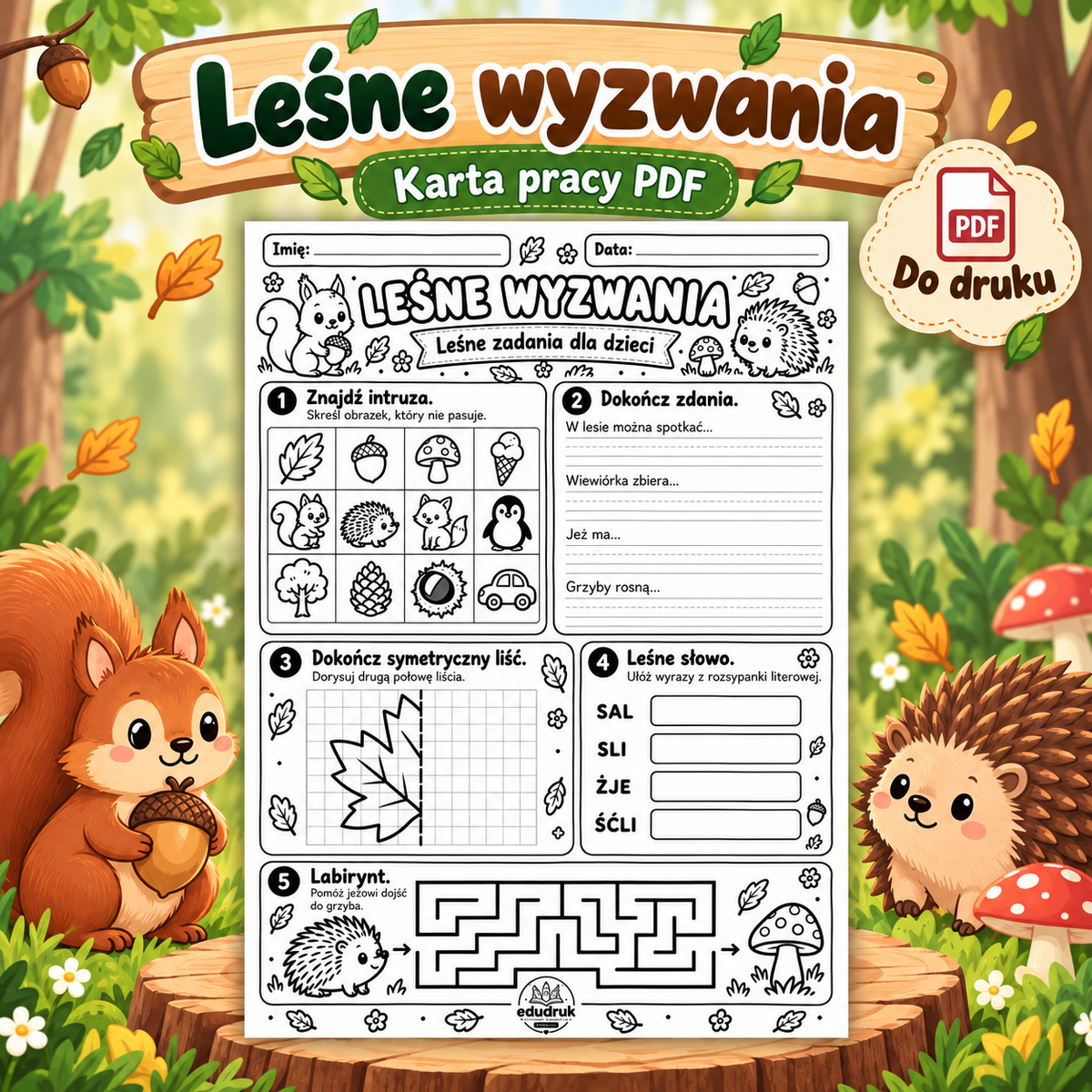 Leśne wyzwania – karta pracy PDF do druku GRATIS