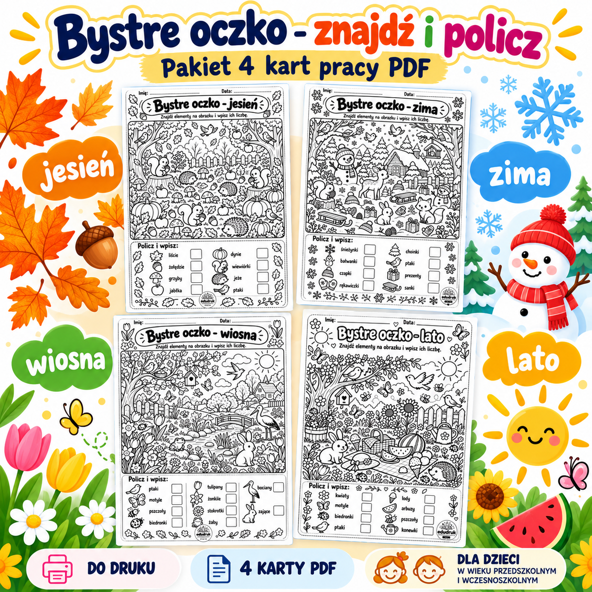 Bystre oczko – znajdź i policz! | 4 pory roku | Karty pracy PDF