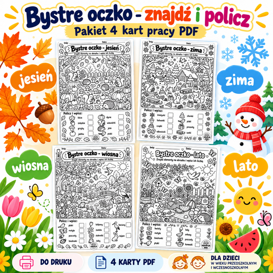 Bystre oczko – znajdź i policz! | 4 pory roku | Karty pracy PDF