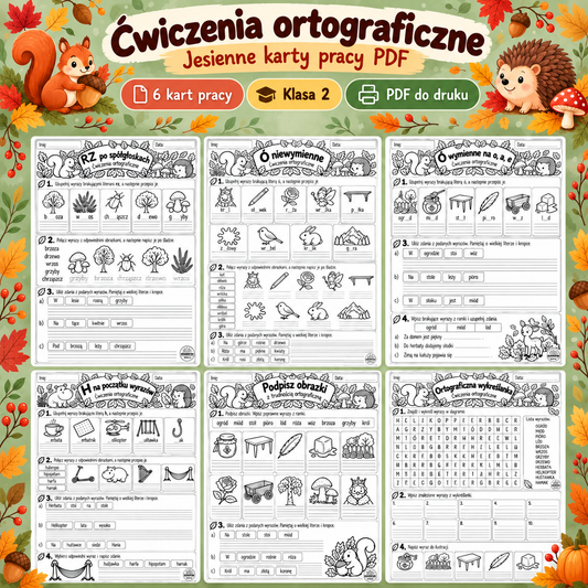 Ćwiczenia ortograficzne – zestaw jesienny - 6 kart pracy PDF do druku