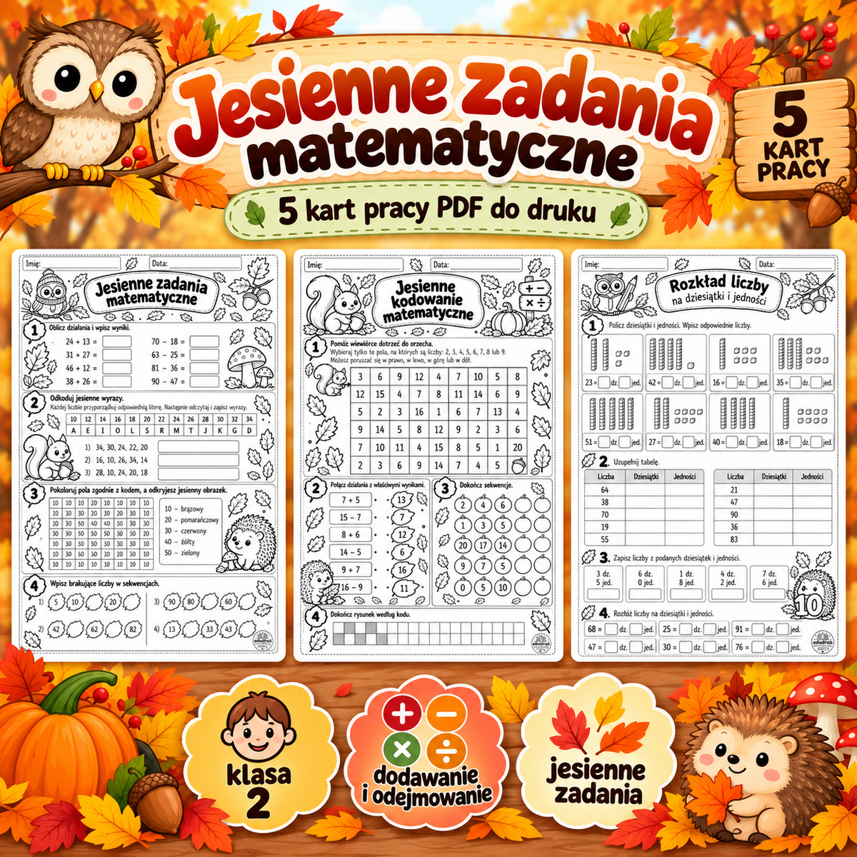 Jesienne zadania matematyczne – klasa 2, PDF do druku