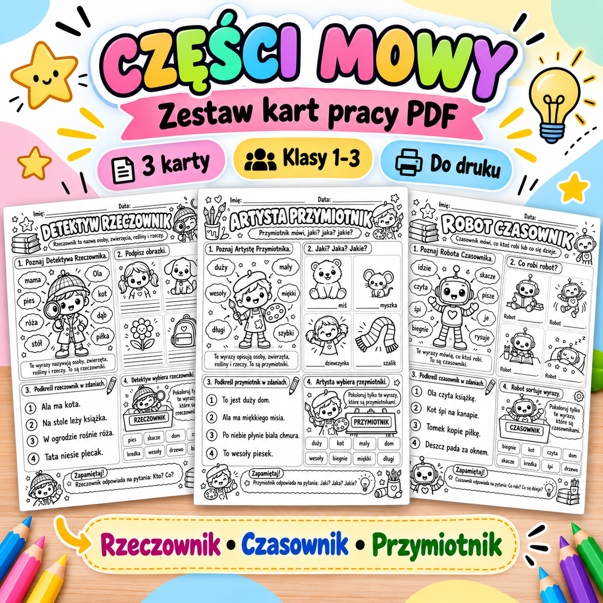 Części mowy – zestaw 3 kart pracy PDF